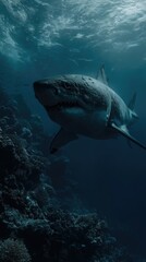 Fototapeta premium Una imponente imagen de un tiburón blanco nadando en aguas profundas.