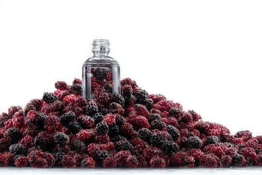 Una pila generosa de moras silvestres rodea una botella de vidrio transparente, creando una imagen de riqueza y dulzura.
