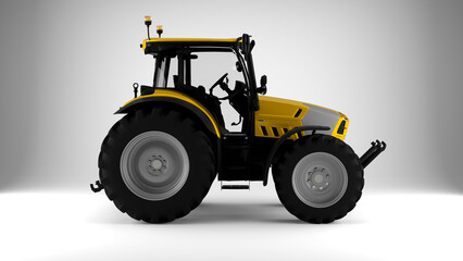yellow tractor on a white background sideview