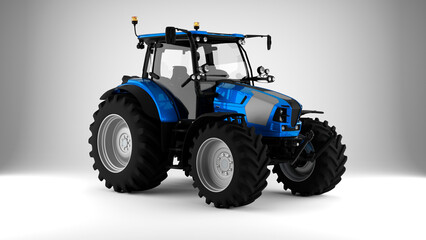 blue tractor on white background front view 3d render
