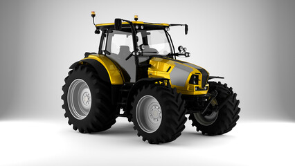 Naklejka premium Yellow tractor on white background front view 3d render