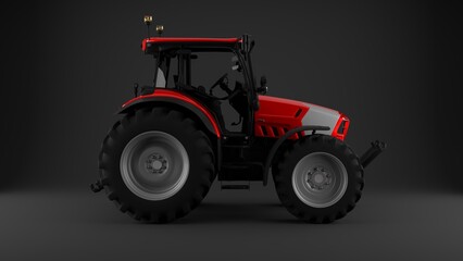 red tractor on grey background side view 3d render