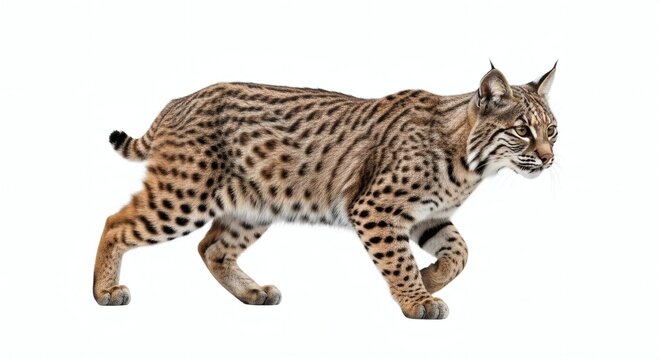 Bobcat Isolated Wildcat Walking, Lynx rufus, Wildlife Portrait, isolated on white background