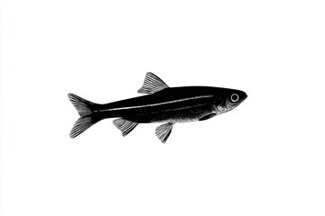 Fototapeta premium Stylized black and white illustration of a fish with sleek body, fins, and fine details, set against a pristine white background for striking contrast and visual appeal