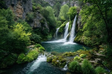 Serene waterfall cascading into clear pool surrounded by lush greenery, vibrant flowers, and rocky formations, creating a tranquil and picturesque nature scene perfect for relaxation and inspiration