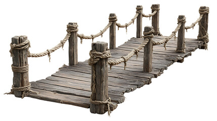 Fototapeta premium Old wooden pier with rope railing isolated on transparent background