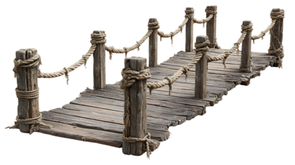 Old wooden pier with rope railing isolated on transparent background