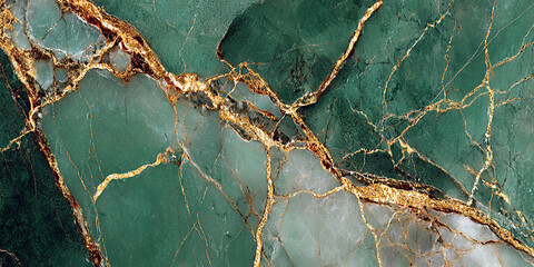 Obraz premium Deep emerald green marble texture with striking gold and white veins, showcasing natural elegance and luxurious design elements for interior decor and artistic backgrounds