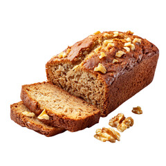 Banana bread slice with walnuts, isolated die-cut