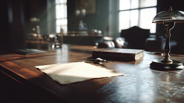 Una escena de escritorio antiguo con un pergamino, tinta y un libro, evocando un ambiente de misterio y tradici&oacute;n.