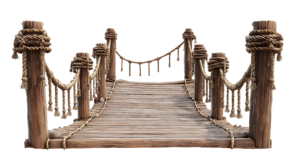 Rustic wooden pier with rope railing isolated on transparent background