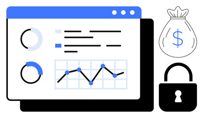 Dashboard with chart and graphs, lock symbol for protection, money bag for finance. Ideal for finance, security, analytics, technology, economy business and investments concepts. Simple flat