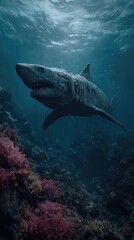Naklejka premium Un enorme tiburón blanco emerge de la oscuridad, rodeado de vibrantes corales.