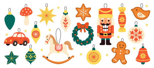 Christmas ornaments and toys including nutcracker, wreath, star, rocking horse, bells, gingerbread, and toy car. Bright vector illustration showing holiday, winter, and New Year decor