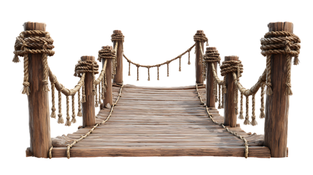 Rustic wooden pier with rope railing isolated on transparent background - Powered by Adobe