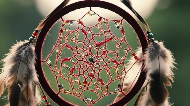 Dreamcatcher close-up, decorated with beads and feathers, against green bokeh, used as decor