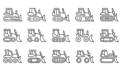 Modern linear vector set of construction vehicles — bulldozer, loader, and tractor illustration collection.