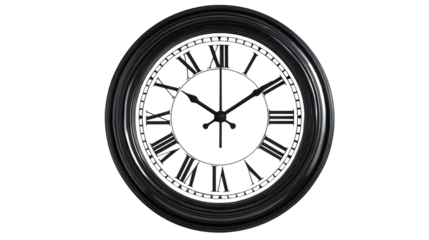 A black wall clock with roman numerals isolated on transparent background