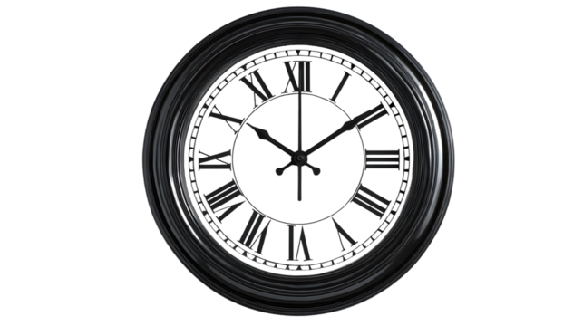 A black wall clock with roman numerals isolated on transparent background