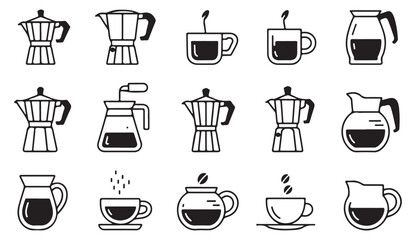 Thin line coffee maker and cup icon set showing espresso pots, mugs, and brewing tools for caf&eacute; design.