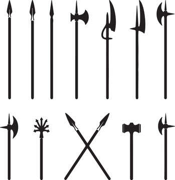 Collection of historic medieval polearm weapons silhouettes for historical combat and gaming concepts