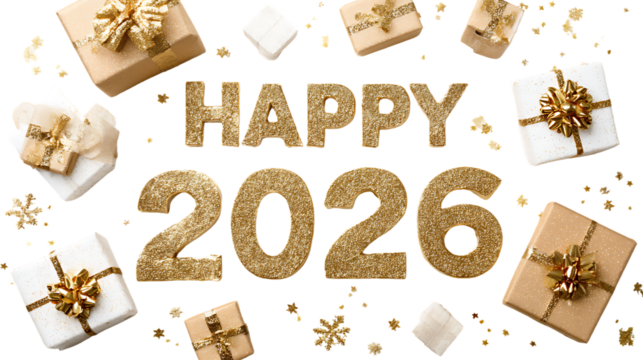 Happy 2026 text with golden glitter and gift boxes isolated on transparent background