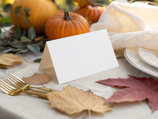 Thanksgiving Table Card Mockup with Pumpkins and Autumn Leaves