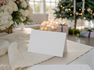 Christmas Card Mockup with Cozy Knit Blanket and Holiday Tree Background