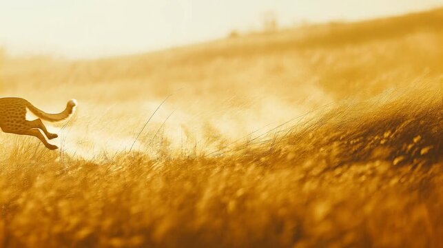 Cheetah running fast through golden grassland at sunrise, representing speed, strength, and agility of wildlife in African savanna.