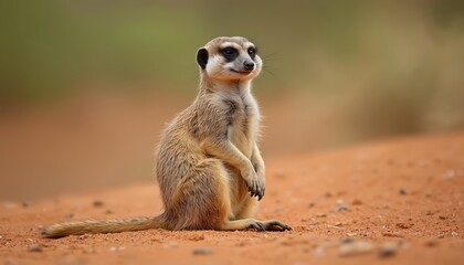 Alert meerkat sits on dry sandy ground watching surroundings. Small furry mammal dark eye patches, attentive posture. Stands upright looking intently to side. Wild animal rests in natural habitat.