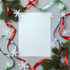 A New Year's greeting card with a green branch, ribbons, and snowflakes, minimalist design.