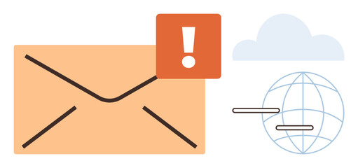 Email envelope with warning icon, globe symbolizing global communication, and cloud element. Ideal for email notifications, online alerts, cybersecurity, communication, technical support, internet