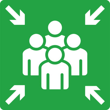 emergency assembly point safety sign with group of people symbol and arrows indicating meeting area location