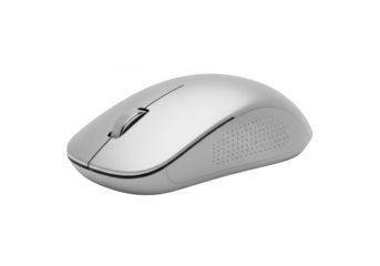 Sleek silver wireless computer mouse with a scroll wheel, isolated on transparent background