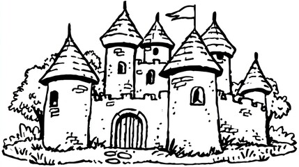 Obraz premium Whimsical line art depicts a fairytale castle with multiple turrets and a flag