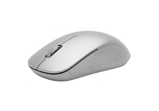 Sleek silver wireless computer mouse with a scroll wheel, isolated on transparent background