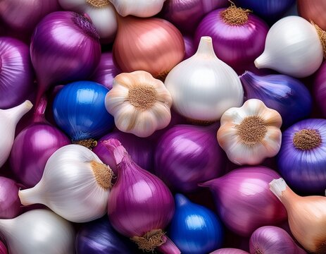 a pile of blue purple and white onions with garlic clustered on top - Powered by Adobe