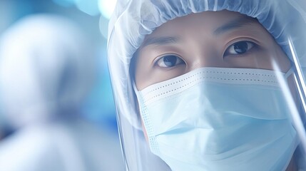 Close-up of medical professional wearing protective gear and face mask in laboratory