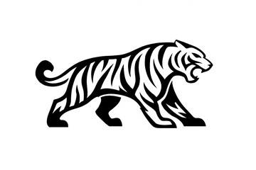 Obraz premium Simple black silhouette of tiger tattoo design, wild animal vector icon on Transparent background, minimalist wildlife art concept
