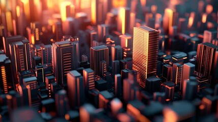Obraz premium Modern city skyline at sunset with glowing lights and abstract architecture