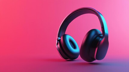 Modern black headphones with neon lighting on a pink background
