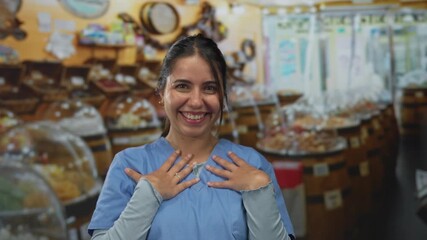Woman smiling in a vibrant sweet shop setting, expressing joy amidst colorful candy displays indoors, wearing casual outfit, suggesting approachable personality and friendly atmosphere.