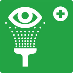 eyewash station emergency symbol, eye showering icon with cross sign on green background