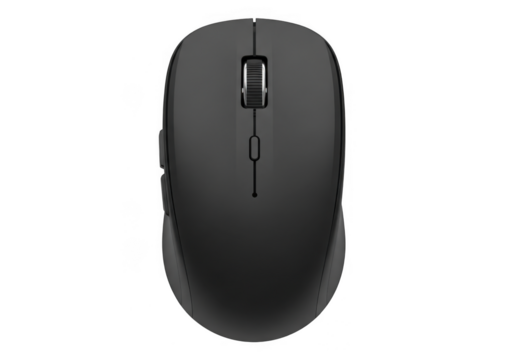 A sleek black wireless mouse isolated on transparent background