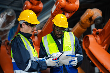 Two factory engineers wearing safety gear checking documents in front of robotic arms. Concept of teamwork, industrial automation, robotics, manufacturing process, and workplace safety.