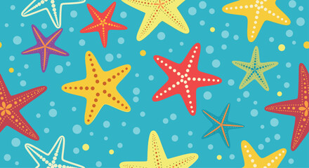 Colorful starfish pattern on a vibrant blue background.