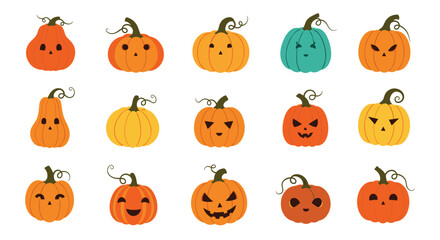 Collection of various Halloween pumpkins with different expressions.