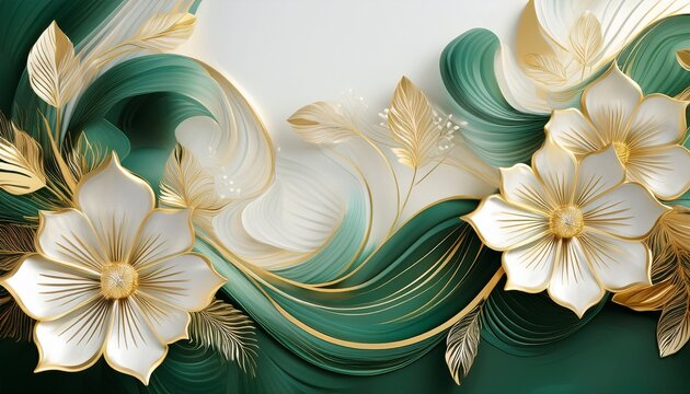 decorative flower background gold green and white generative ai