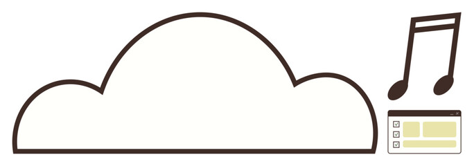 Cloud icon paired with a music note and a playlist menu. Ideal for music storage, streaming services, sound sharing, online libraries, audio playback apps, technology branding, and digital media