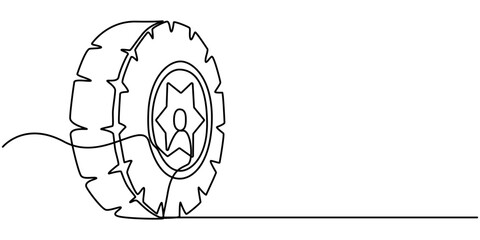 Wheel continuous one line drawing. Automobile tire symbol. outline Vector illustration. 